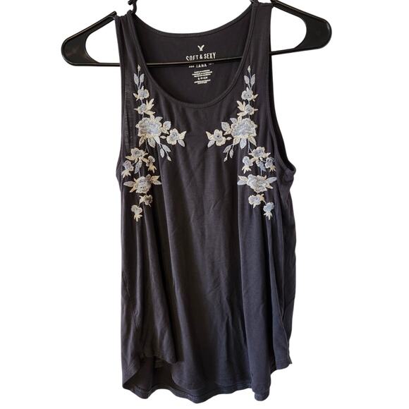 American Eagle Soft & Sexy Tank Top Small Gray Floral Embroidered Career Dress - Picture 1 of 5